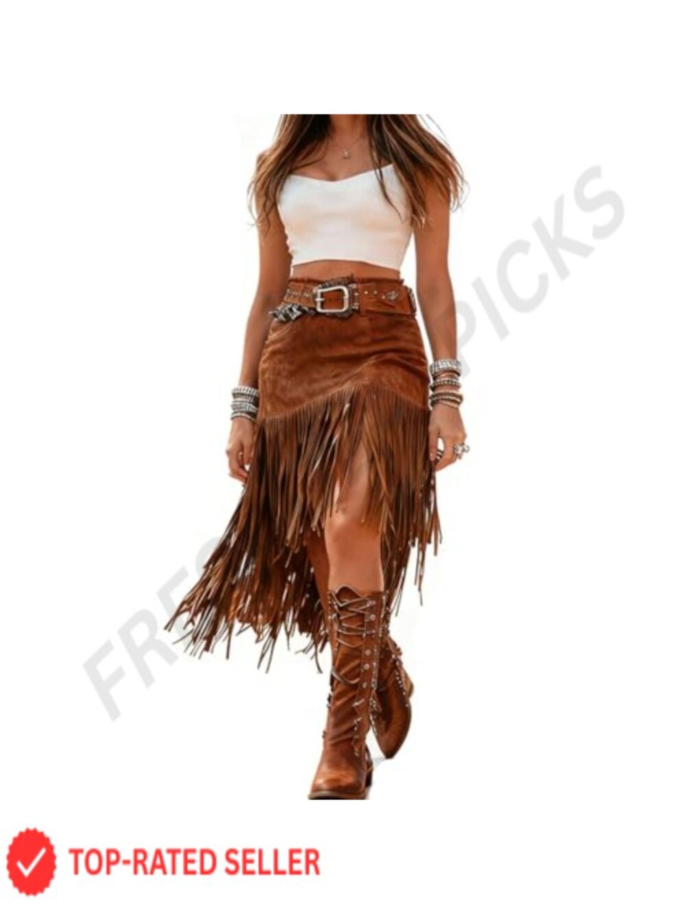 Faux Suede Fringe Asymmetric High-Waisted Midi Skirt Western Cowgirl
